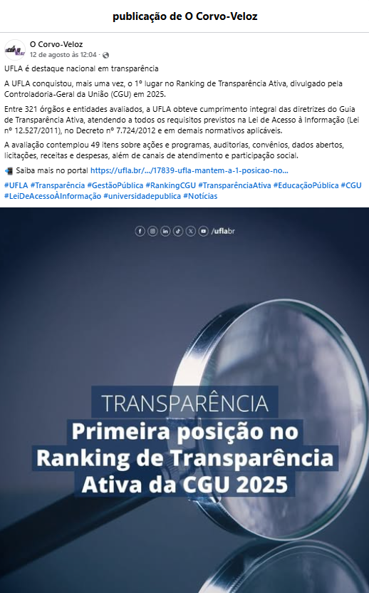 UFLA em foco: Imprensa local destaca o 1º lugar da universidade no Ranking de Transparência Ativa da CGU 2025
